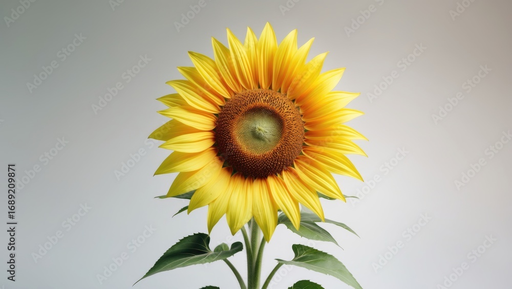 Obraz premium A sunflower with bright yellow petals and green leaves against a plain background.