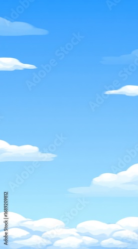 Vertical cartoon illustration showcases fluffy white clouds scattered across a vibrant gradient blue sky, with a brighter hue at the top