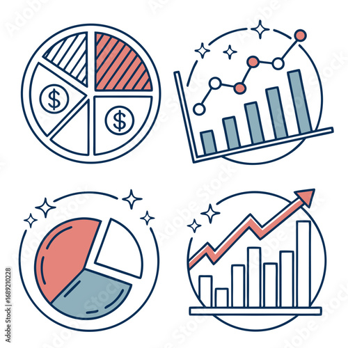 Illustration of four different types of business charts including pie and bar graphs with dollar signs