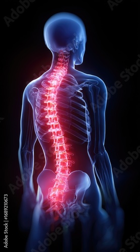 Back view of a translucent human body with a vibrant red spine highlighted, indicating inflammation or pain, against a dark background