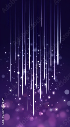 Abstract, vertical graphic with luminous white streaks descending against a dark purple backdrop, resembling rain or a magical, starry effect