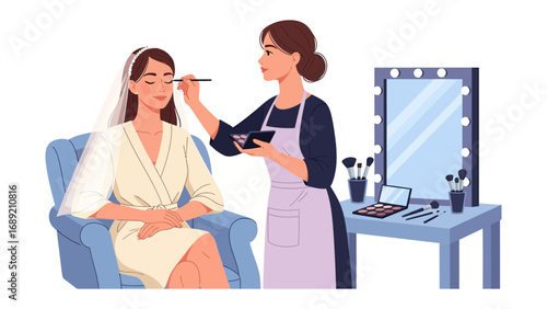 Professional makeup artist applying wedding makeup to a bride sitting in a chair with a vanity mirror