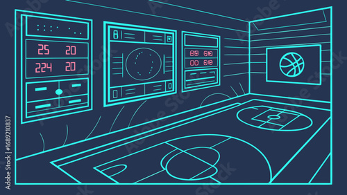 Illustration of a basketball court with scoreboards and a basketball on the wall in blue tones