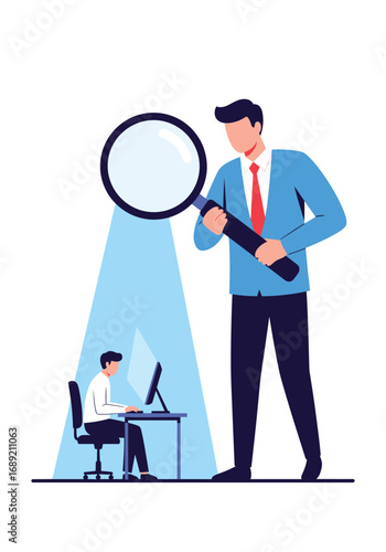 Giant businessman holding magnifying glass overseeing tiny man working at computer desk