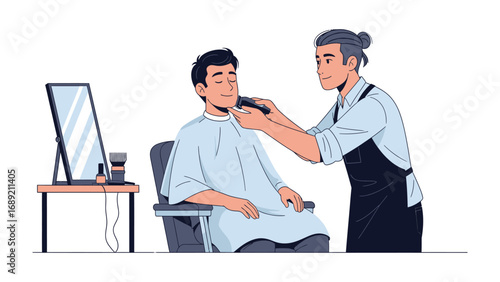 Barber skillfully trims a client s beard with clippers in a modern barbershop setting