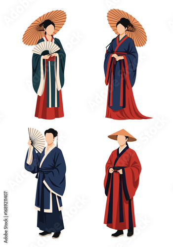 Four traditional chinese figures holding umbrellas and fans in elegant attire