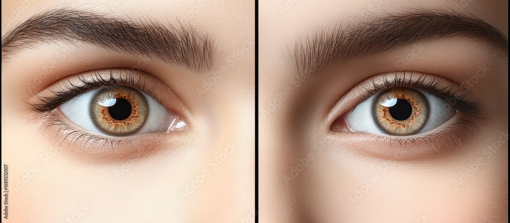 Naklejka premium Captivating Macro Shot: Intricate Hazel Eyes with Defined Brows, Long Lashes, and Clear Skin Texture