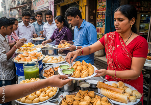 Indian street food market with vendors preparing traditional snacks and people enjoying local cuisine – vibrant scene of culture and lifestyle.
