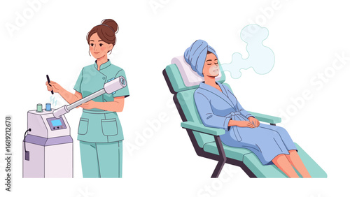 Skincare professional operating advanced facial steaming equipment for client relaxation and treatment