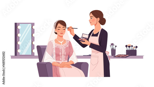 Professional makeup artist applying cosmetics to a client in a well lit salon setting