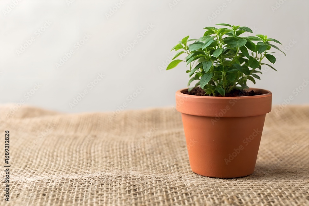 Fototapeta premium Terracotta Potted Herb on Burlap