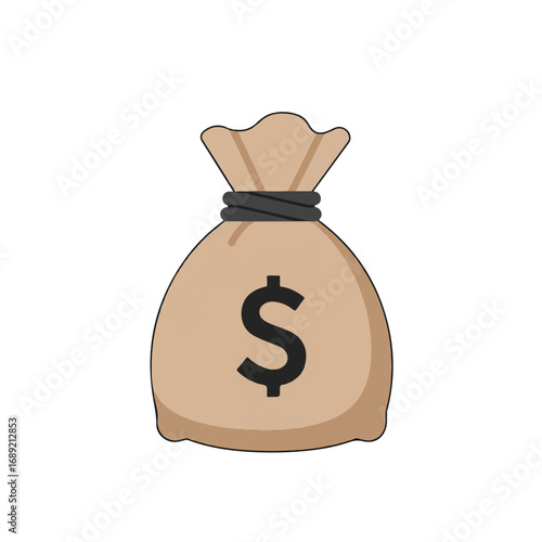 Money bag with dollar sign sits on white surface, symbolizing wealth and financial success in a simple, clean style.
