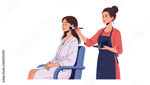 Professional makeup artist applying cosmetics to a seated client in a salon setting with a white background