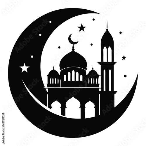 Black silhouette of mosque and crescent moon with stars on white background islam islamic