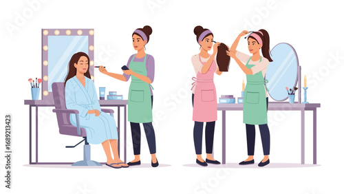 Two makeup artists working on different clients in a beauty salon setting with mirrors and tools