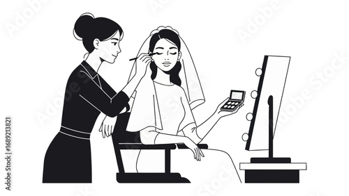 Two women applying makeup in front of a mirror one assisting the other with mascara application