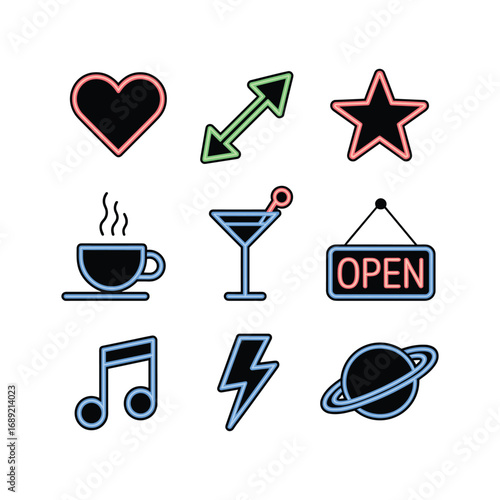 Collection of neon style icons including heart star coffee cocktail music bolt planet and open sign