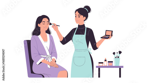 Professional makeup artist applying blush to a client s face with a brush in a beauty salon setting