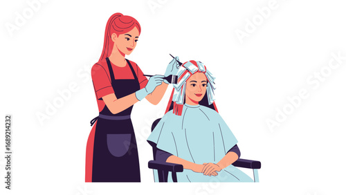 Skilled hairstylist carefully applies hair dye using foil technique to a seated client in a salon setting
