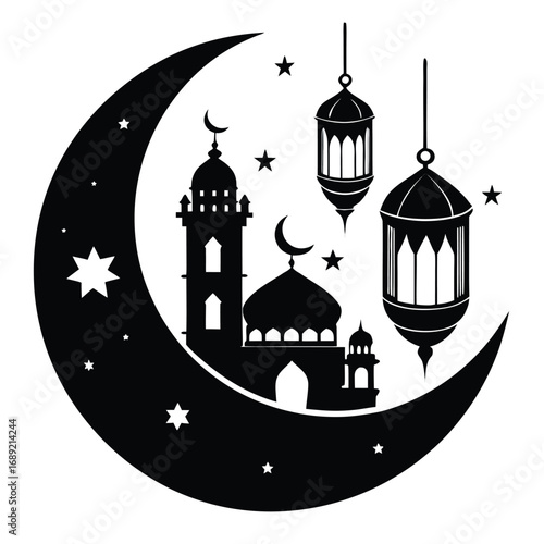 Crescent moon with mosque silhouette and hanging lanterns on white background islamic ramadan
