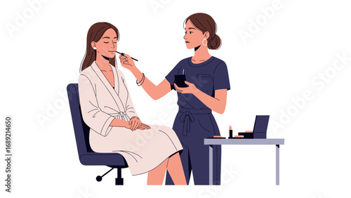Professional makeup artist applying cosmetics to a woman sitting in a chair in a studio setting