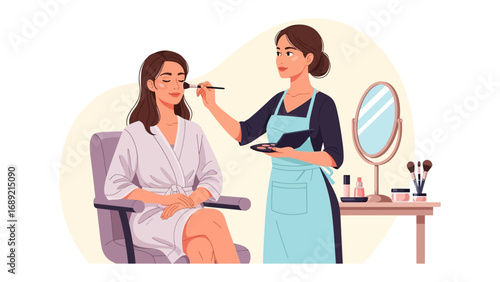 Professional makeup artist applying cosmetics to a client in a salon setting with mirror and tools