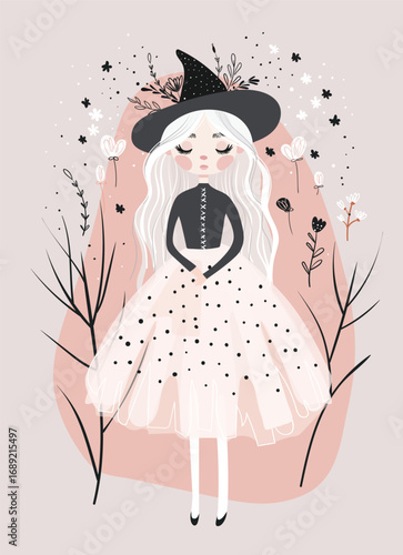 Little fairy witch, girl in long dress in autumn mystical forest. Vector illustration. Halloween and magic concept.