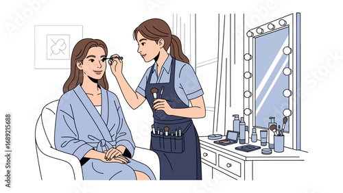 Professional makeup artist applying eye makeup to a client in a well lit vanity room with a large mirror