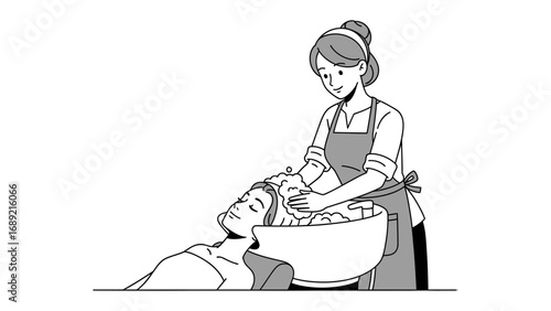 A tender moment of a mother gently washing her child s hair in a large basin
