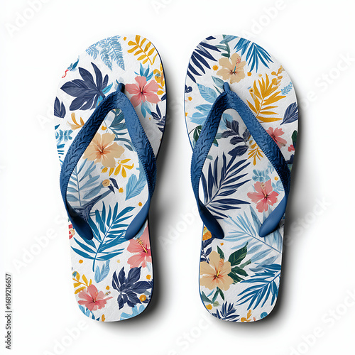 Vibrant tropical floral flip flops a pair of comfortable beach footwear with exotic leaf and flower patterns