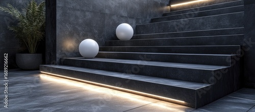 Modern Minimalist Dark Stone Staircase with Integrated LED Lighting and White Spheres