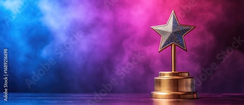 Prestigious Golden Star Trophy with a Glittering Face in Dramatic Neon Smoke