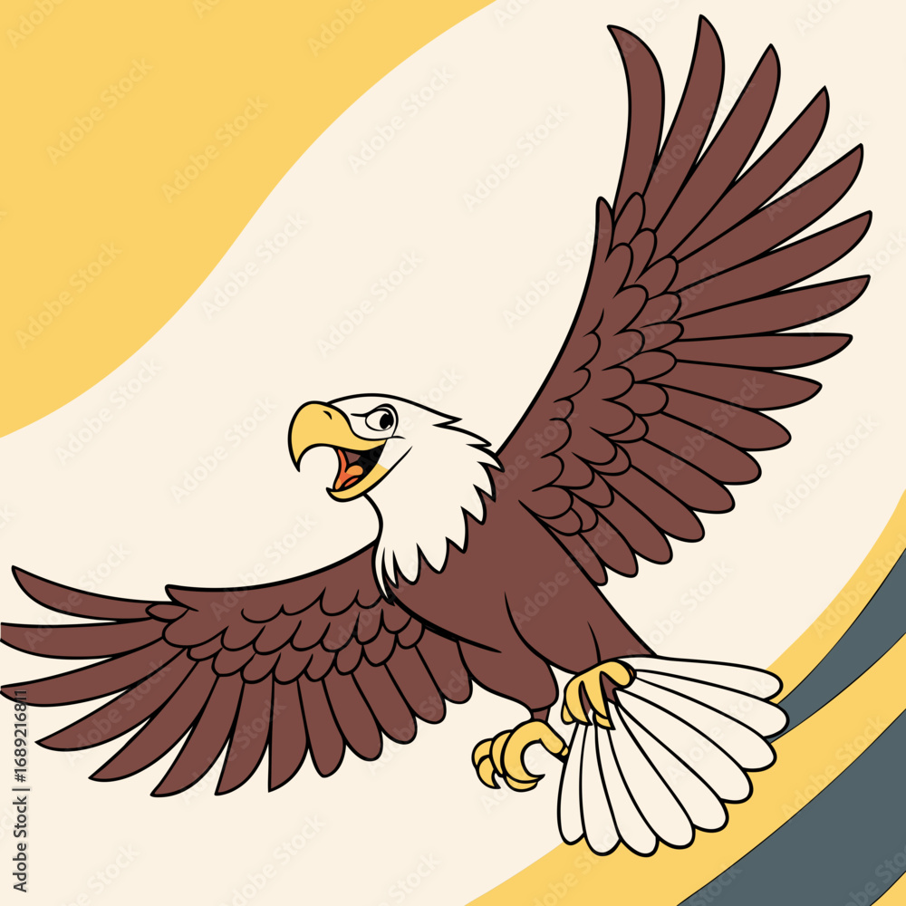 Obraz premium Cartoon bald eagle with wings spread wide in flight against a stylized background with yellow and gray stripes