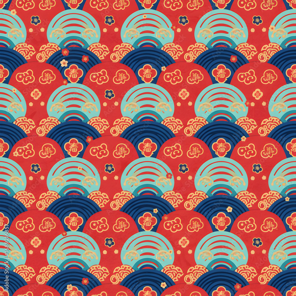 Fototapeta premium traditional chinese texture japanese seamless wave pattern oriental new year background flat vector illustration