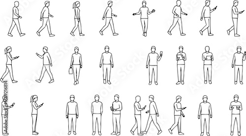 CAD Drawings. Set people outlines isolated on white background. Walking, standing, talking etc. Vector illustration.
