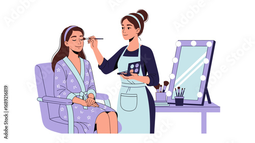Professional makeup artist applying cosmetics to a client in a salon setting with mirror