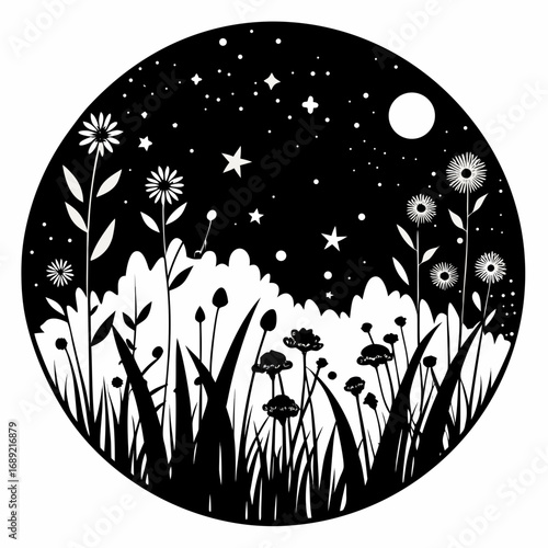 Celestial Meadow Nature Scene Silhouette Vector Design Isolated on White