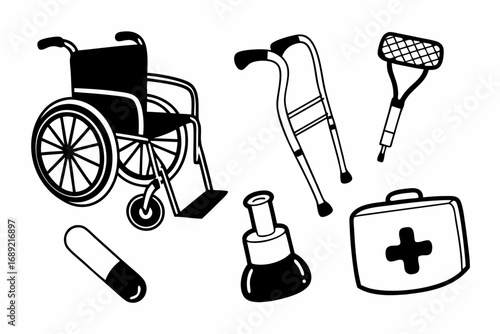 Collection of black and white medical icons including a wheelchair crutches walker pill and first aid kit