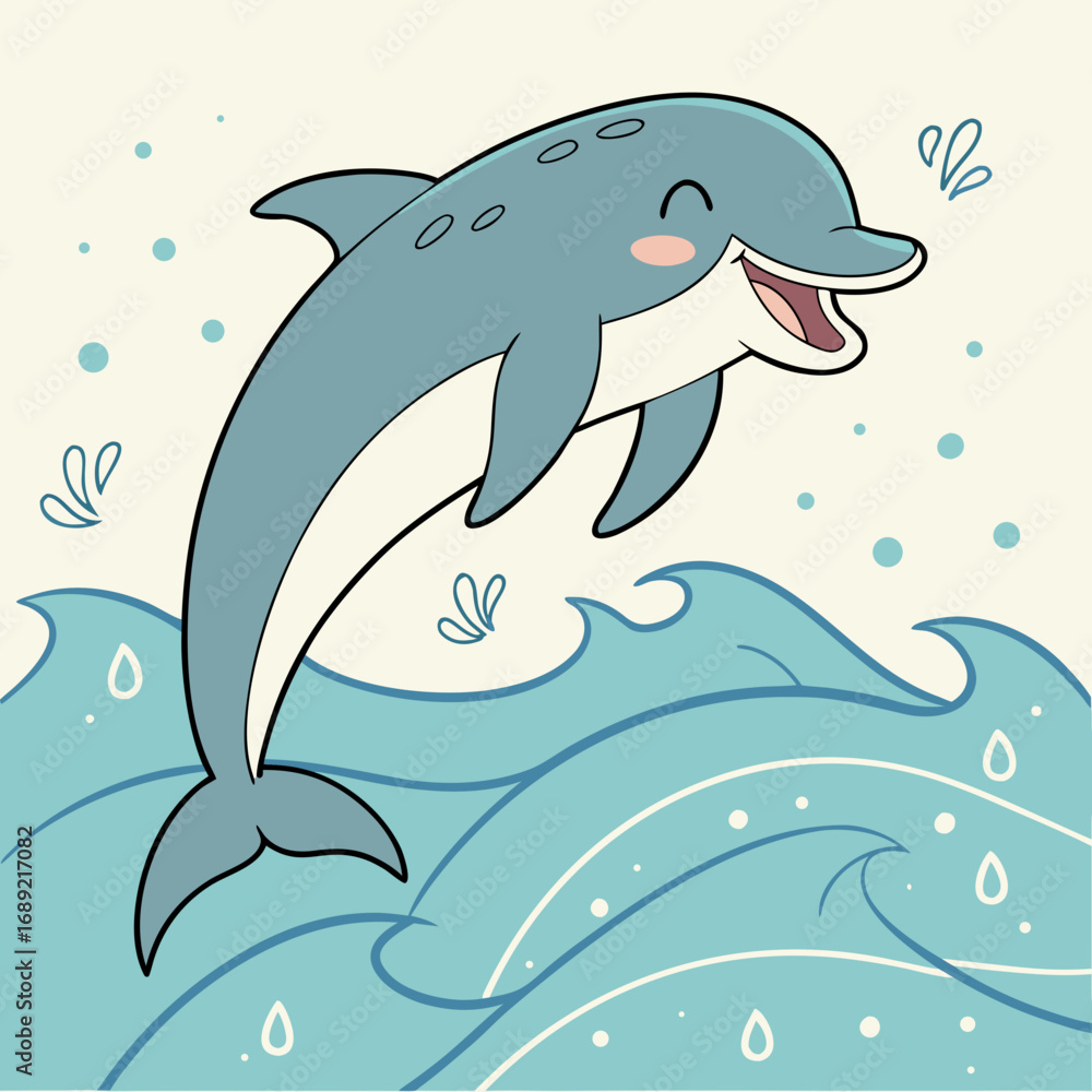 Naklejka premium Cute cartoon dolphin joyfully leaping out of blue ocean waves with water splashes and droplets