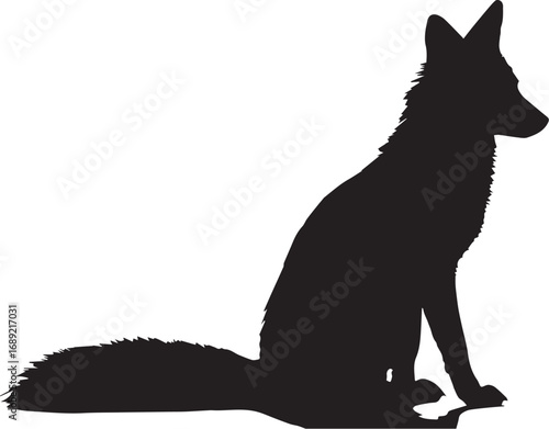 Silhouette of a seated fox facing right with extended bushy tail

