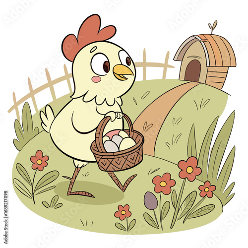 Cute cartoon chicken carrying a basket full of easter eggs through a grassy farmyard with flowers and a coop
