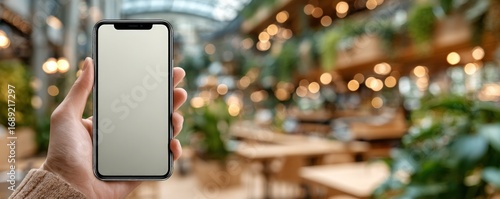 Hand holding a smartphone in a blurred restaurant