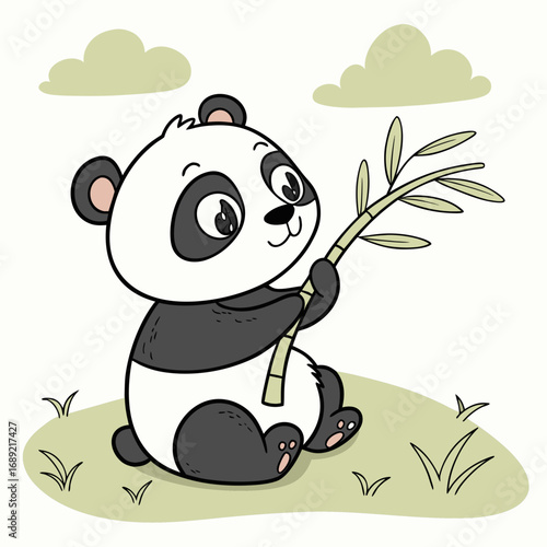 Cute cartoon panda sitting on grass holding a bamboo stalk with leaves and clouds in the background