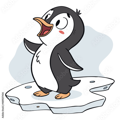 Cute cartoon penguin standing on an ice floe with its mouth open and wing raised