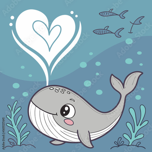 Cute cartoon whale spouting a heart shaped water spray in a blue ocean with fish and bubbles