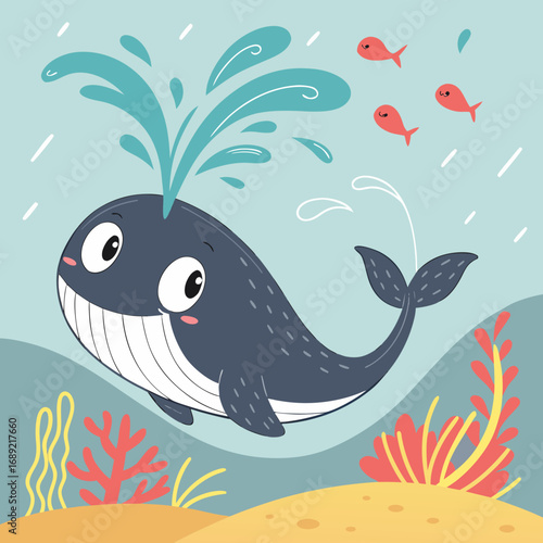 Cute cartoon whale spouting water with small fish swimming in a colorful underwater scene