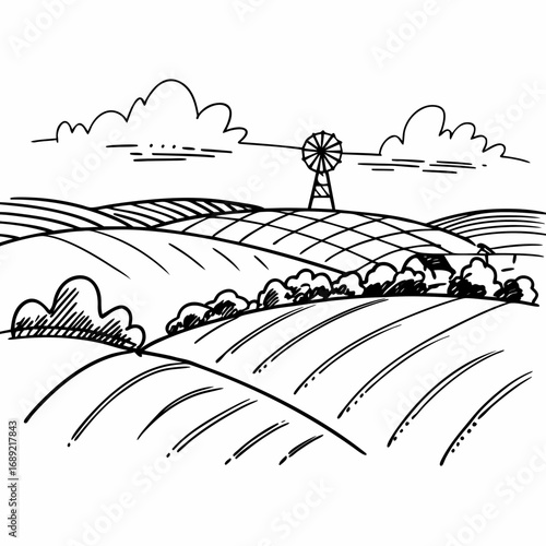 Hand drawn sketch of rolling farmland with a windmill and fluffy clouds on a bright day