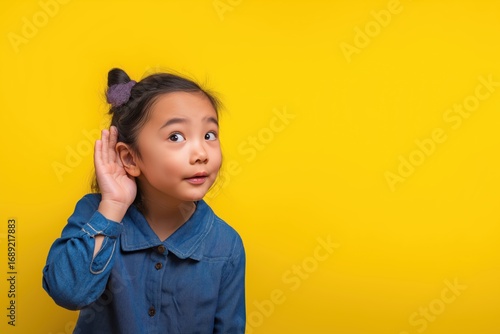 Cute Asian girl trying to listen and eavesdrop with her hand to her ear
