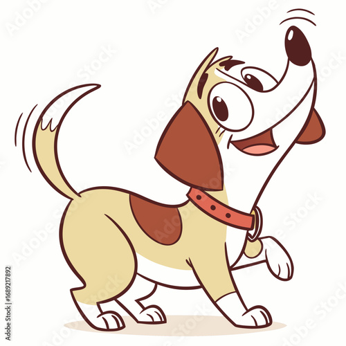 Happy cartoon dog with wagging tail and raised paw looking up with excitement and joy
