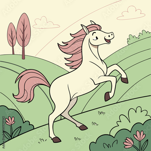 Joyful cartoon horse with pink mane and tail prancing in a green meadow with flowers and trees